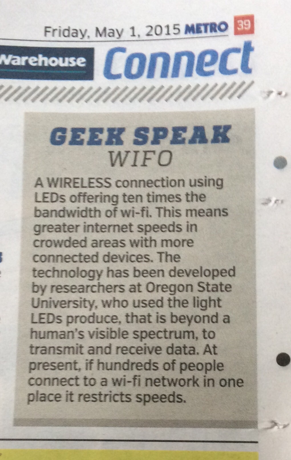 Metro article Geek Speak WiFo