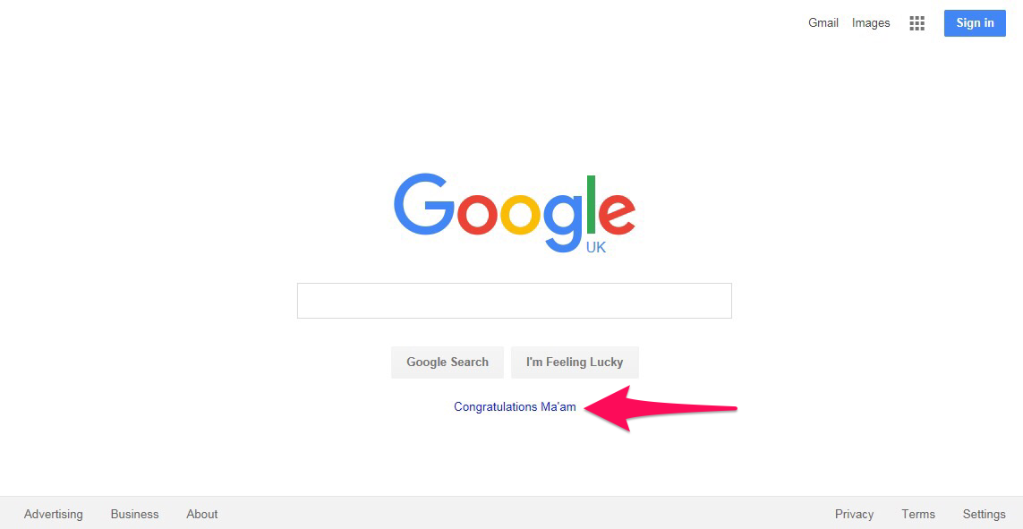 Picture of Google home page saying Congratulations Maam