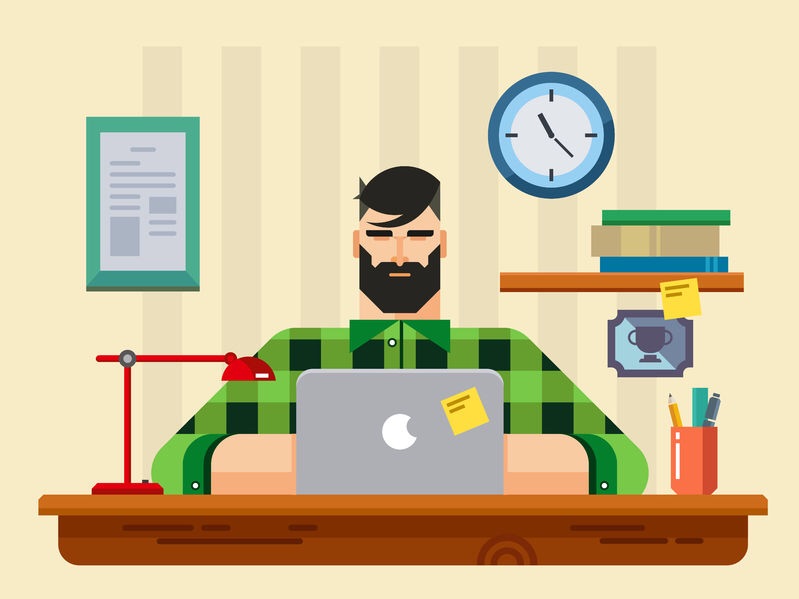 Vector picture of a bearded man sitting at a desk working on a computer