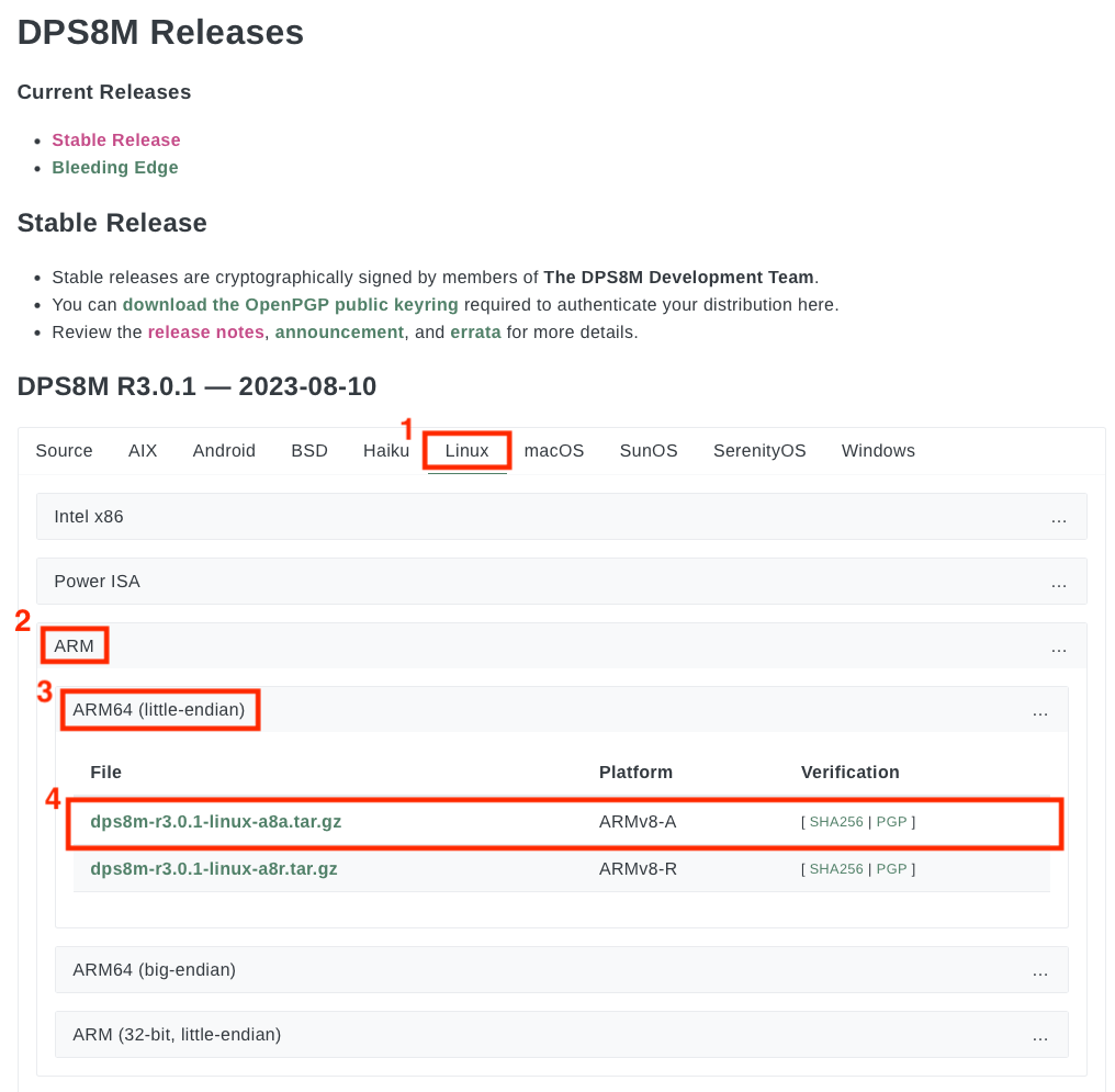 Screenshot showing the version of DPS8M to download for Raspberry Pi